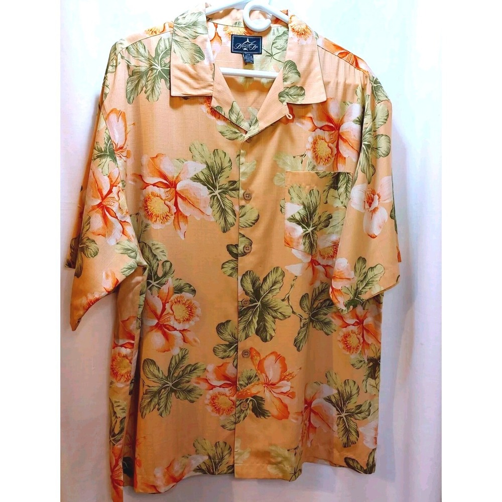 Bermuda Bay Mens Button Down Hawaiian Silk Shirt Sz LG Peach Floral Short Sleeve